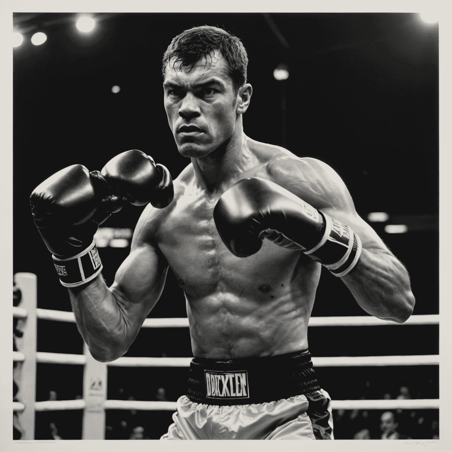 High-contrast black and white image of a boxer mid-punch, showcasing power and determination