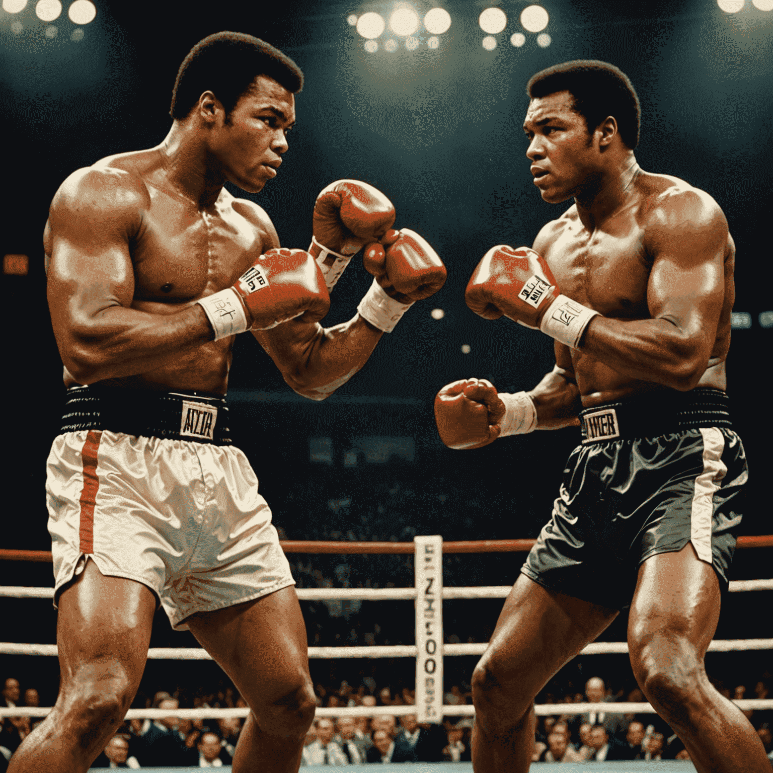 Muhammad Ali and Joe Frazier facing off in the ring, intense determination in their eyes, fists raised in fighting stance