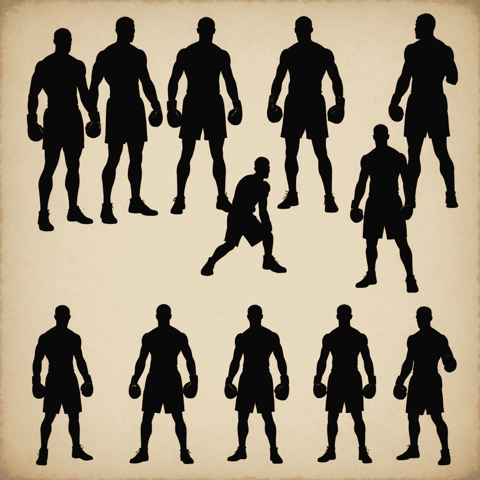 Silhouette of boxers in different weight classes, from smallest to largest, standing in fighting stances