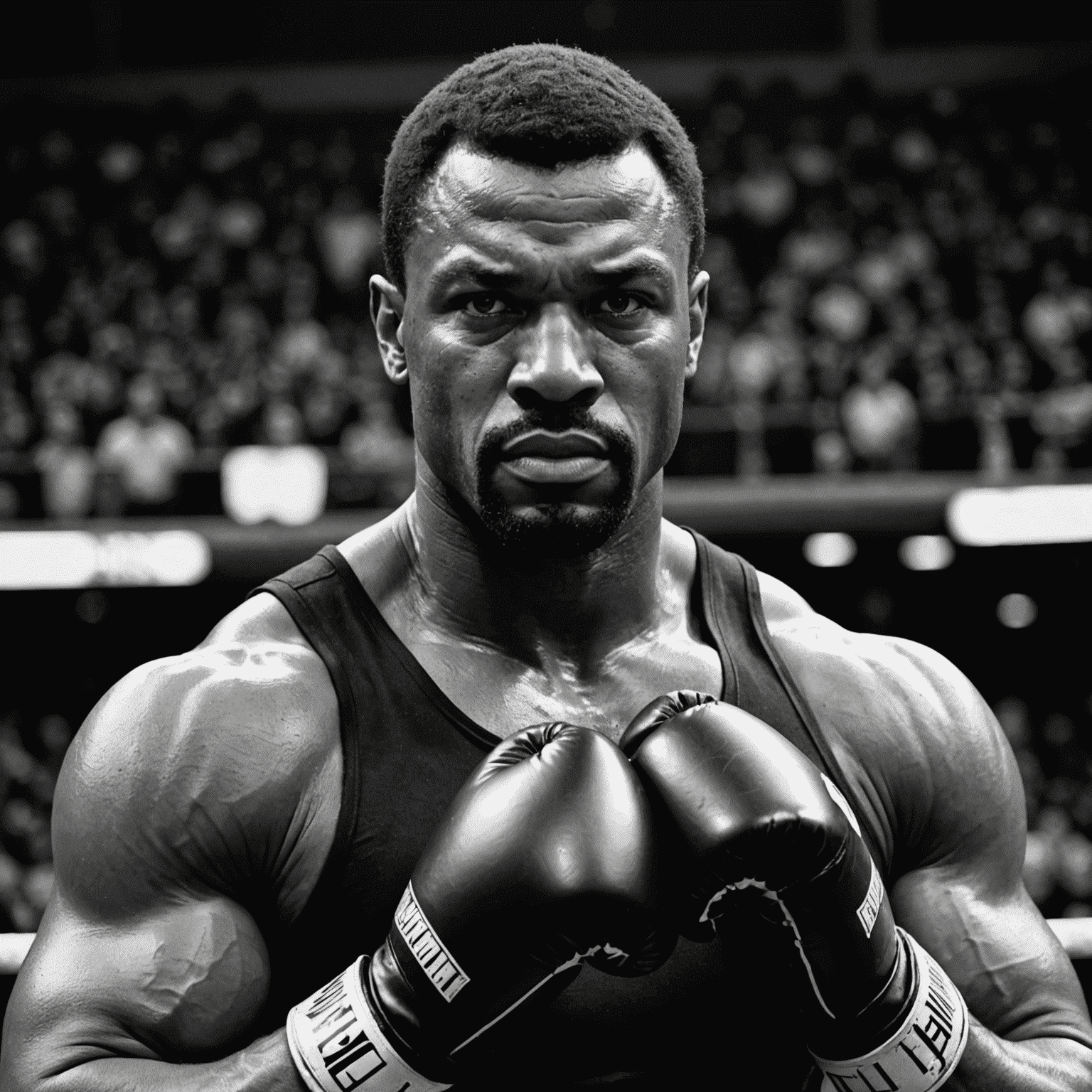 Black and white portrait of John 'The Hammer' Smith, a muscular man with intense eyes and boxing gloves raised