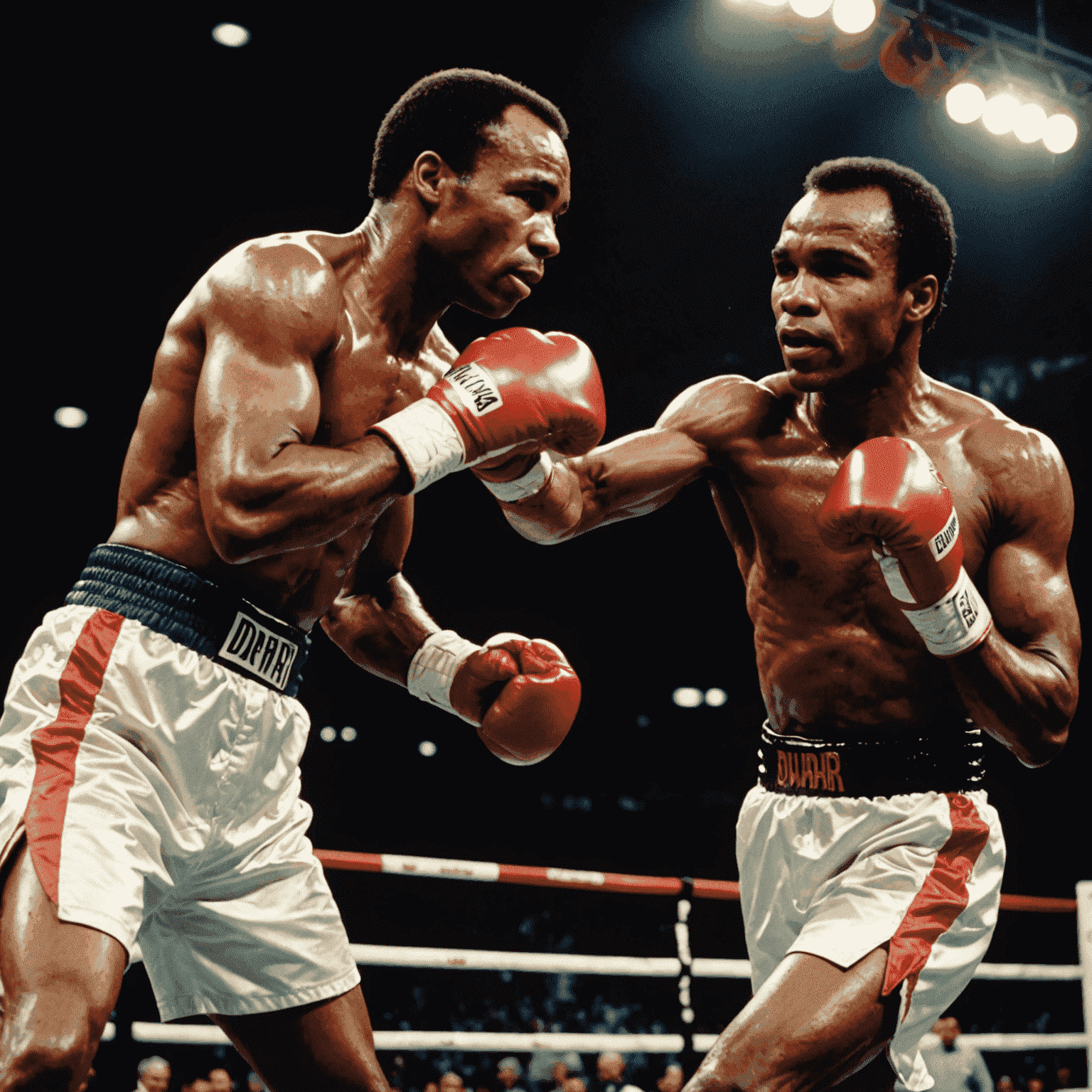 Sugar Ray Leonard and Roberto Durán in mid-fight, sweat flying, Leonard dodging a powerful punch from Durán