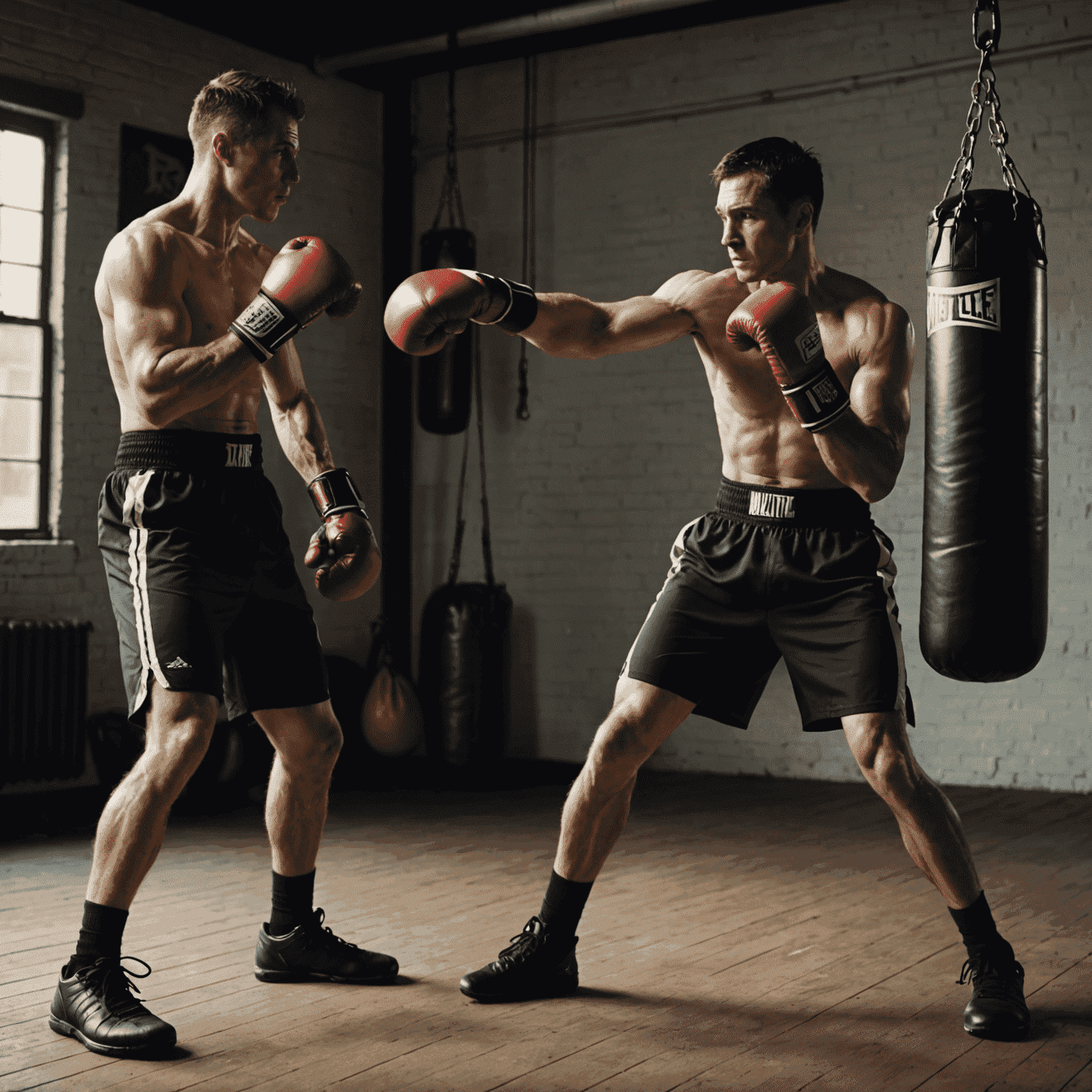 Montage of various boxing training scenes: skipping rope, shadowboxing, heavy bag work, and mitt training