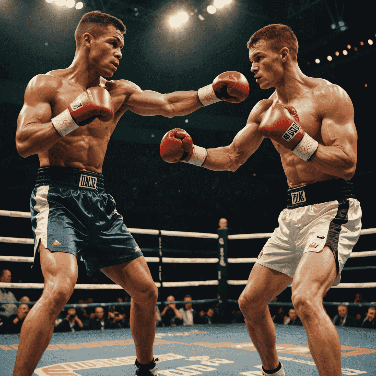 Split image showing a lightweight boxer throwing a jab and a middleweight boxer delivering a powerful hook, emphasizing the difference in physique and style