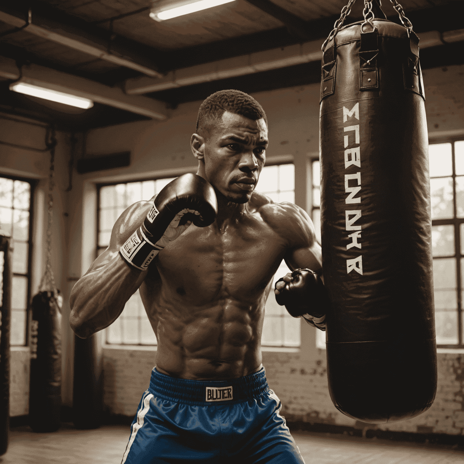 A boxer in intense training, sweat flying, hitting a punching bag with focus and determination