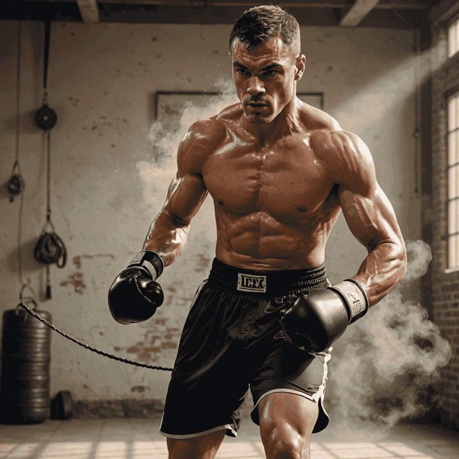 A boxer engaged in intense training, skipping rope with determination, sweat glistening