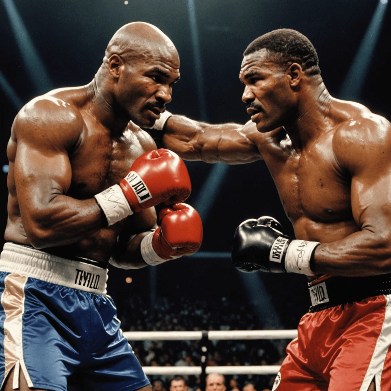 Evander Holyfield and Mike Tyson in a fierce exchange, Holyfield landing a powerful right hook on Tyson's jaw