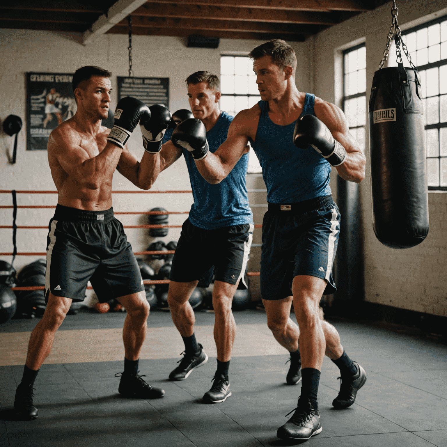 Montage of boxers training: a lightweight doing speed bag work, a middleweight on the heavy bag, and a heavyweight doing strength training