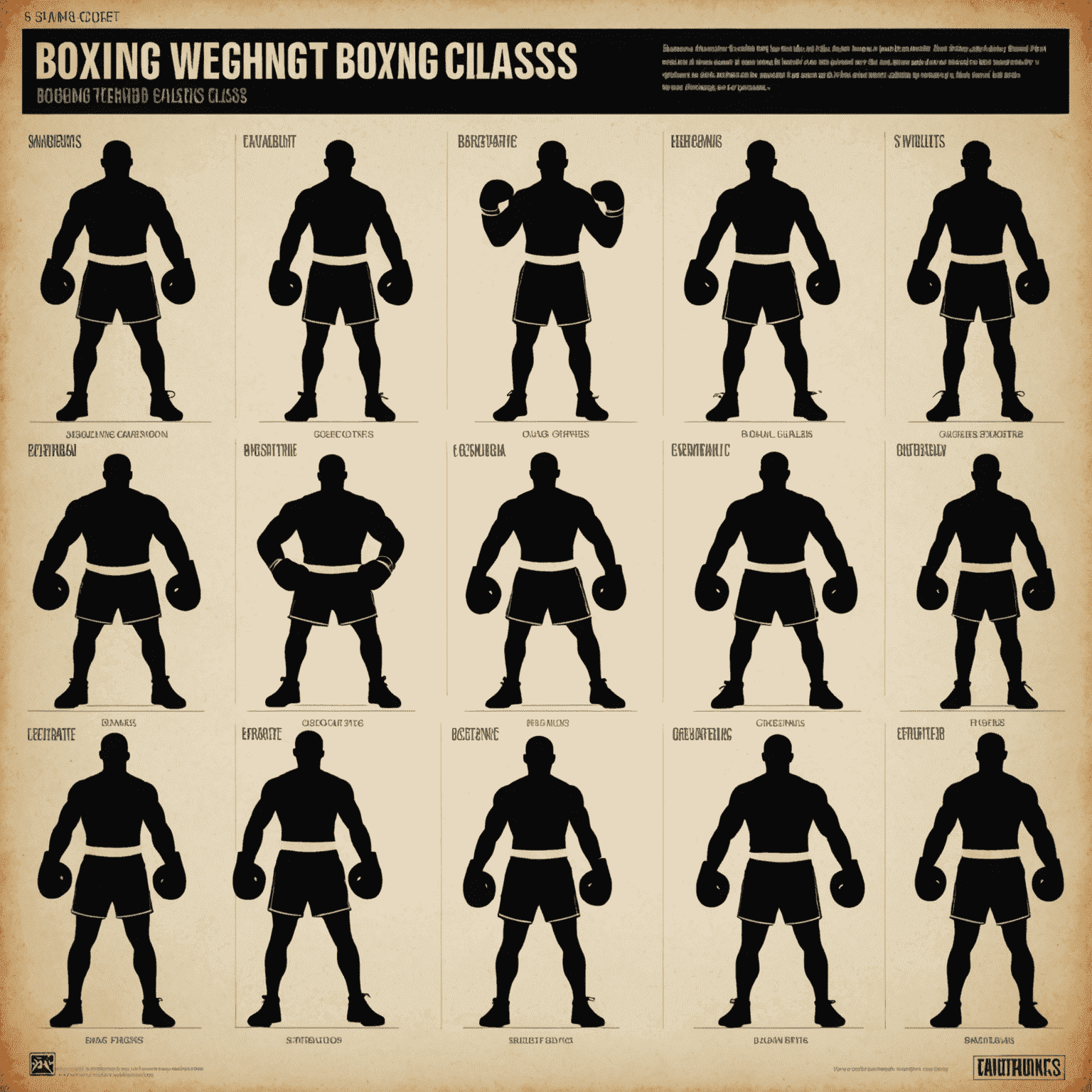 An infographic showing various boxing weight classes with silhouettes of boxers representing each category